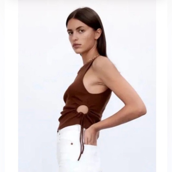 Zara Ribbed Sleeveless Ruched Side Tank Top Brown Size M - Picture 8 of 9